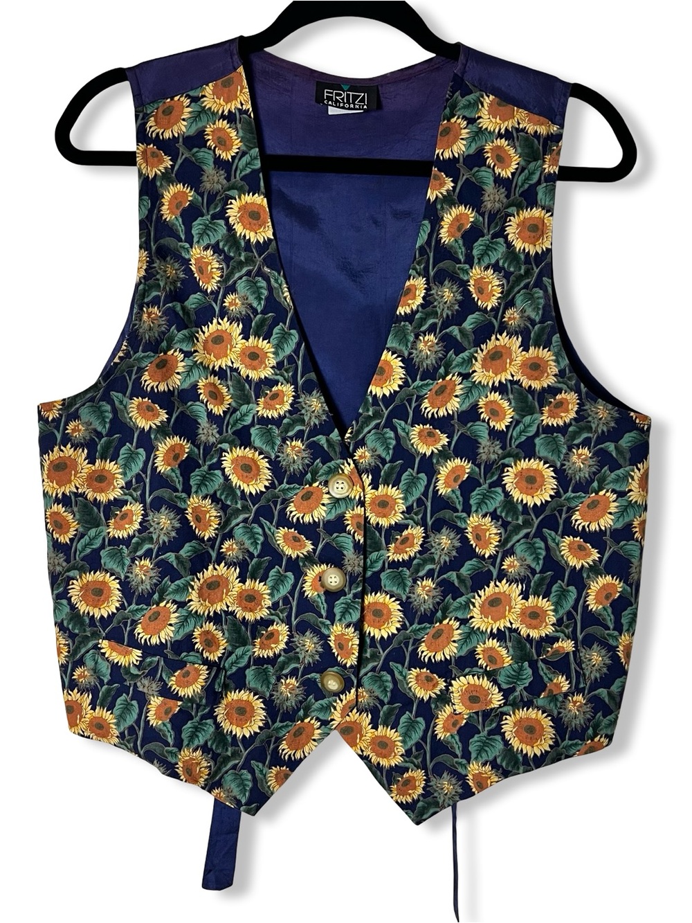 Fritzi of California Womens Vest Sunflower Print Navy Cotton Vtg 90s